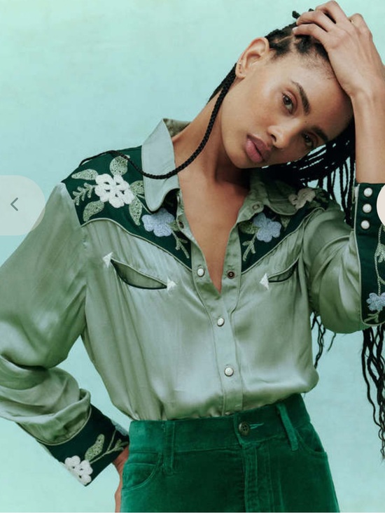 THE GREAT. Tops - THE GREAT. Sage Green Satin Embroidered Western Heritage Shirt in Dried Sage